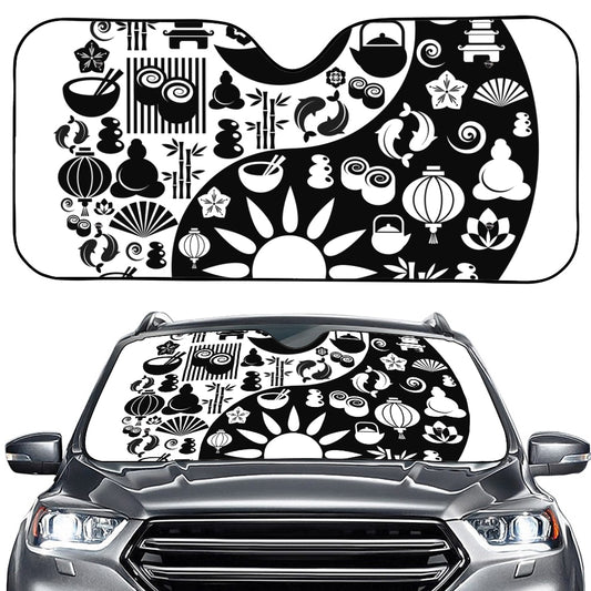 Black And White Japanese Yin Yang Print Car Windshield Sun Shade
