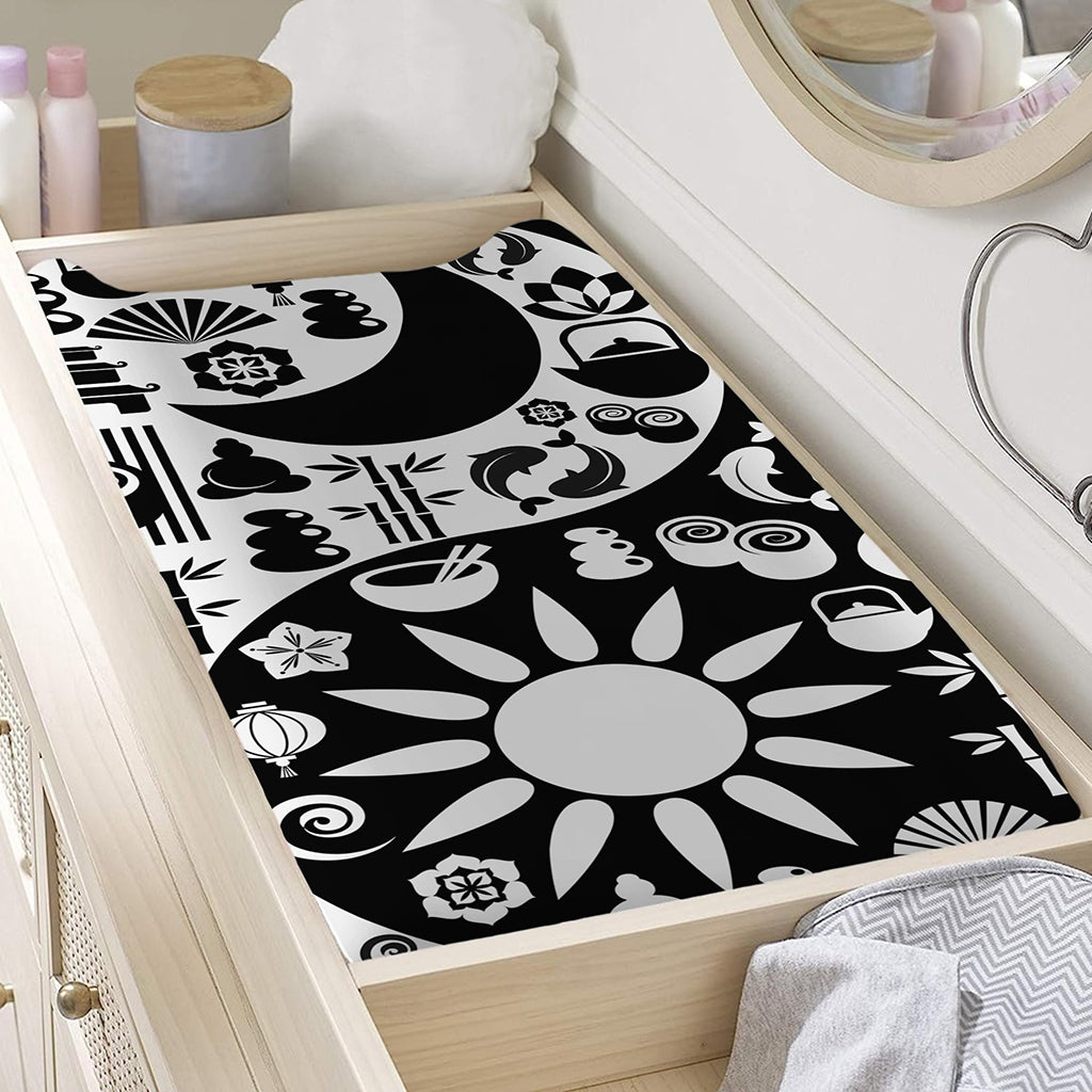 Black And White Japanese Yin Yang Print Changing Pad Cover