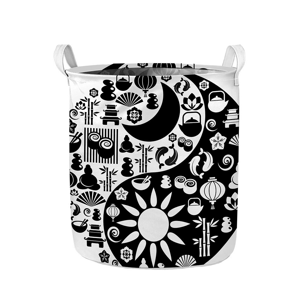 Black And White Japanese Yin Yang Print Collapsible Laundry Basket