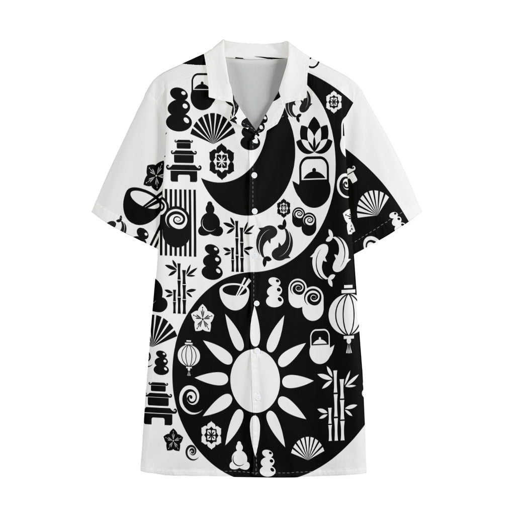 Black And White Japanese Yin Yang Print Cotton Hawaiian Shirt