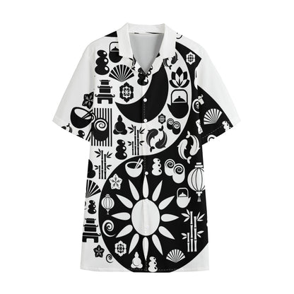 Black And White Japanese Yin Yang Print Cotton Hawaiian Shirt