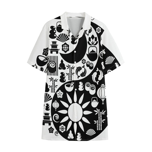 Black And White Japanese Yin Yang Print Cotton Hawaiian Shirt