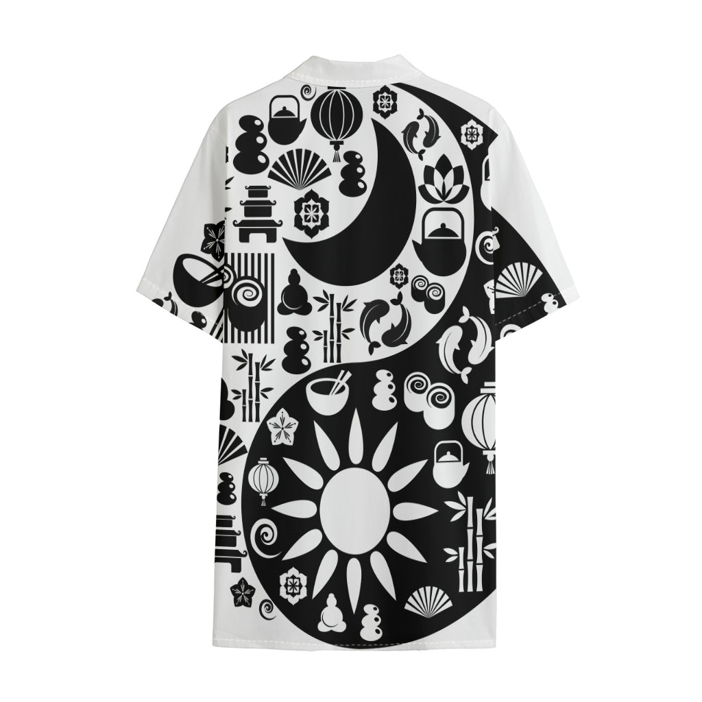 Black And White Japanese Yin Yang Print Cotton Hawaiian Shirt