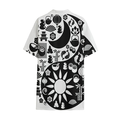 Black And White Japanese Yin Yang Print Cotton Hawaiian Shirt