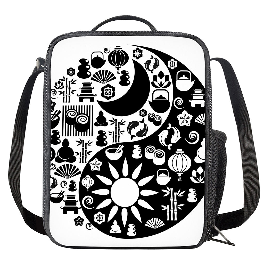 Black And White Japanese Yin Yang Print Crossbody Lunch Bag