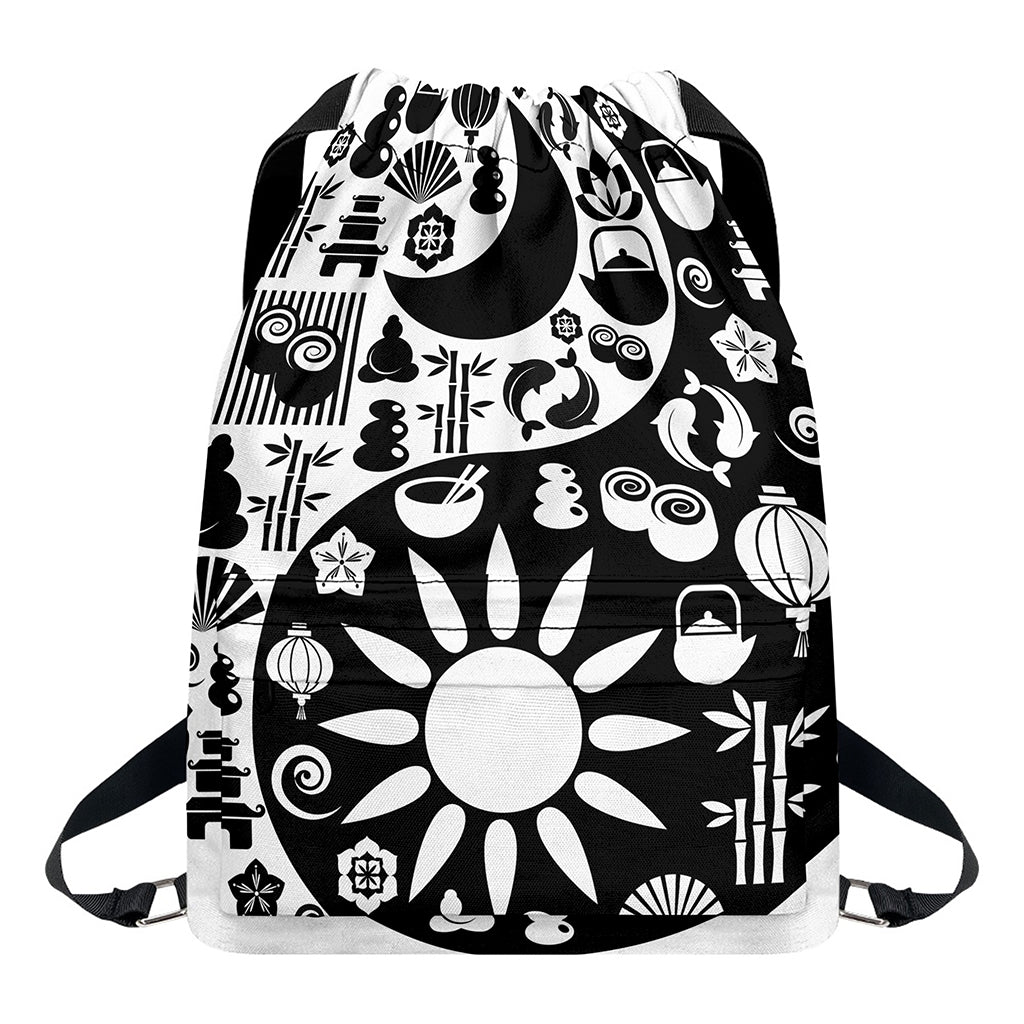 Black And White Japanese Yin Yang Print Drawstring Backpack