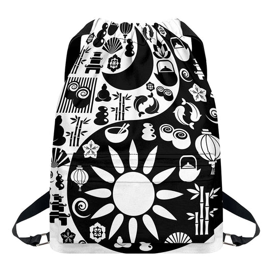 Black And White Japanese Yin Yang Print Drawstring Backpack