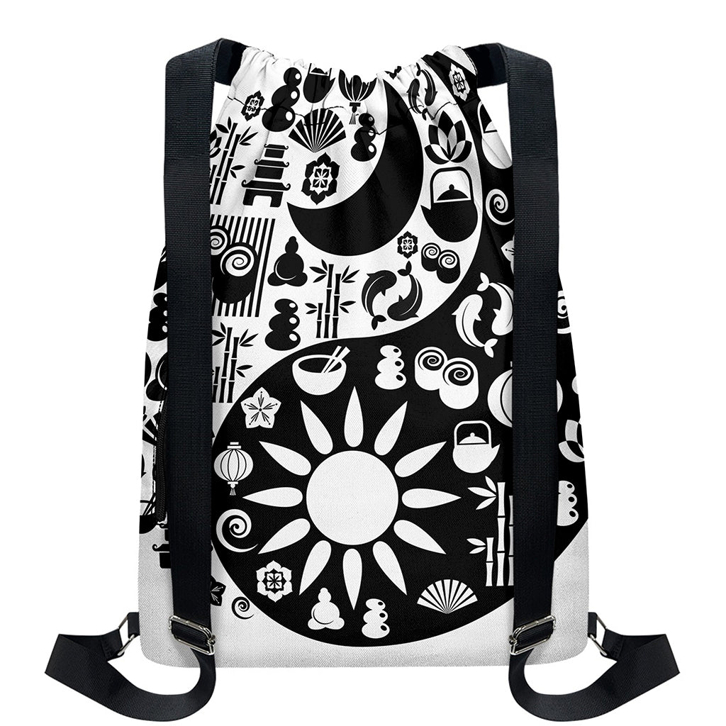 Black And White Japanese Yin Yang Print Drawstring Backpack