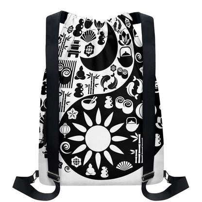 Black And White Japanese Yin Yang Print Drawstring Backpack