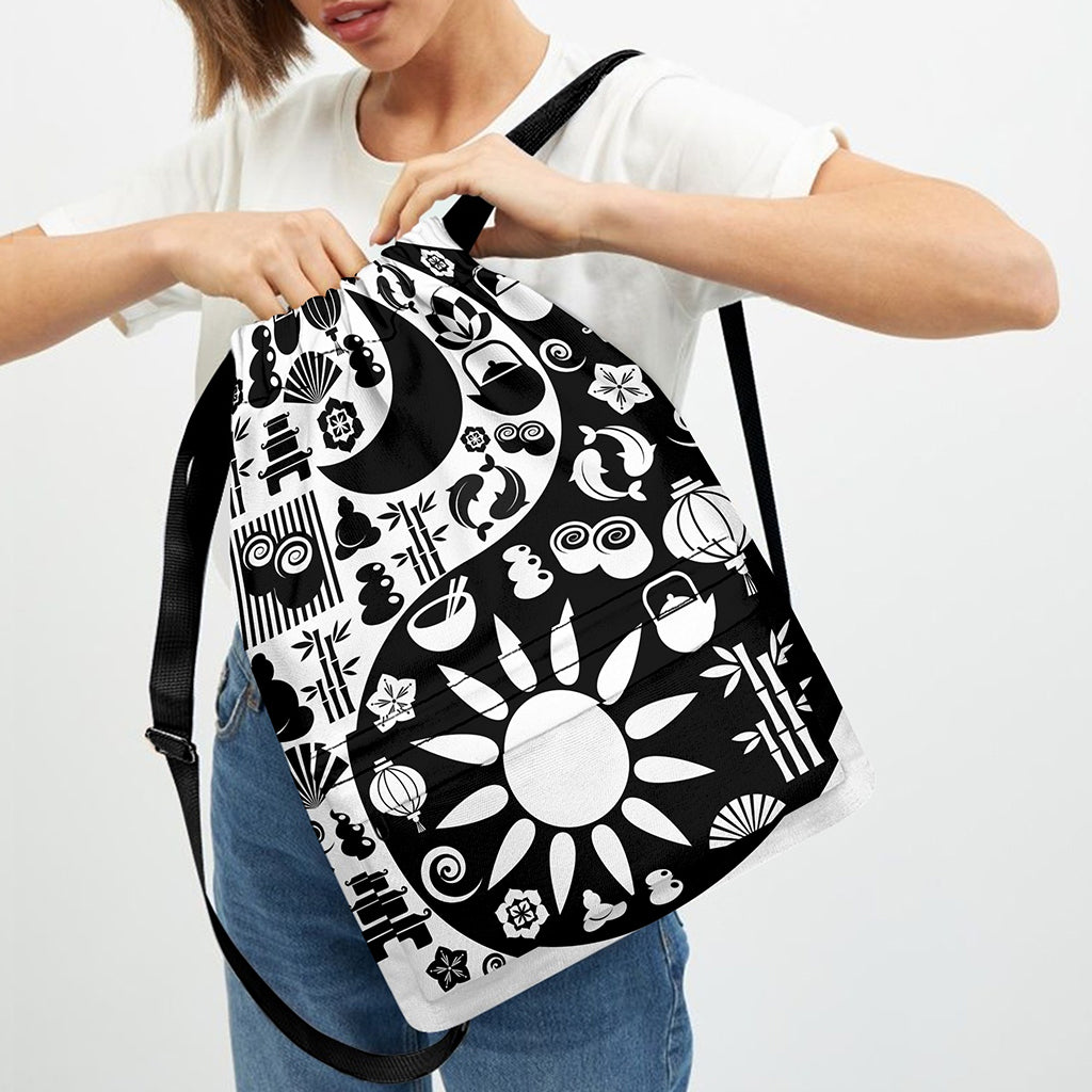 Black And White Japanese Yin Yang Print Drawstring Backpack