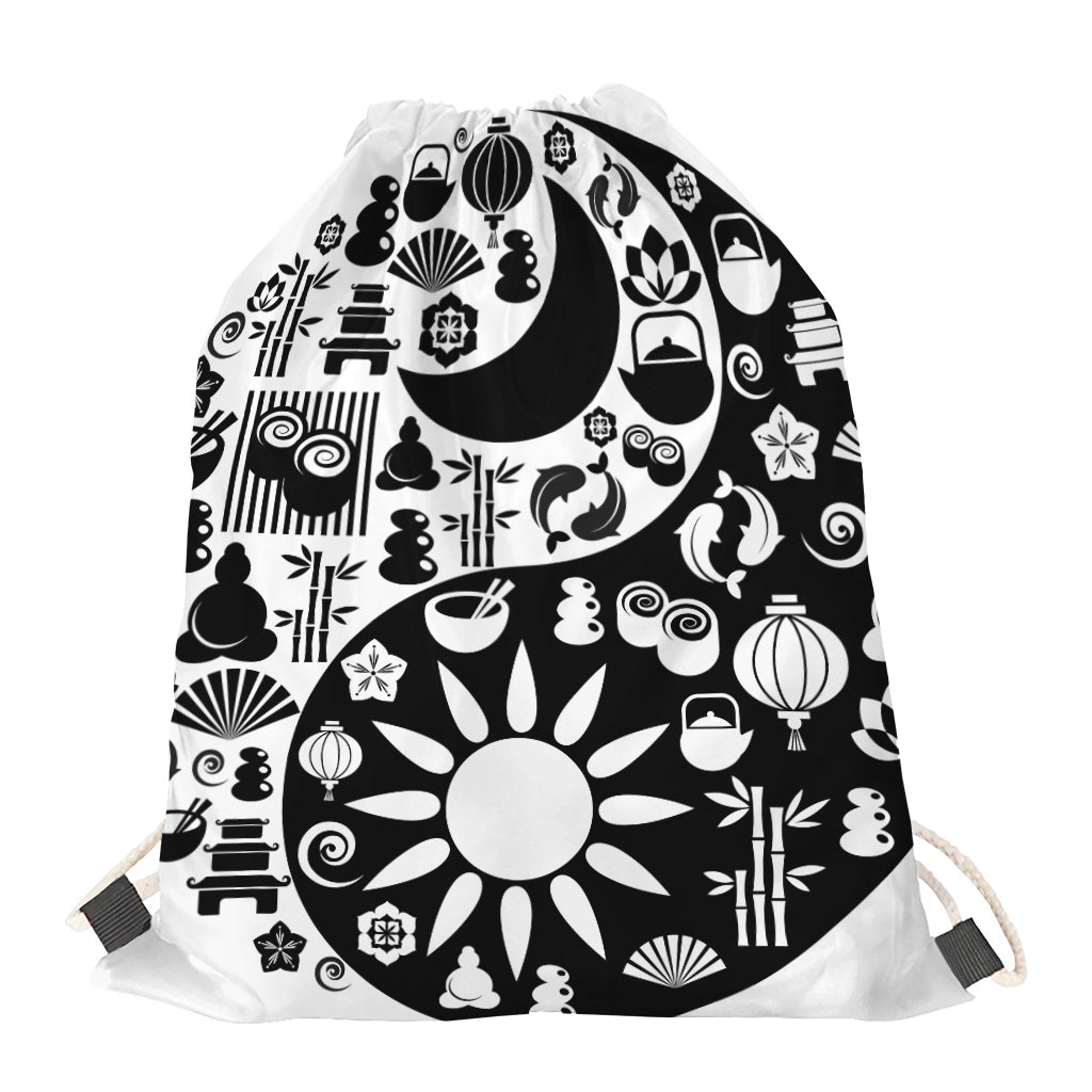 Black And White Japanese Yin Yang Print Drawstring Bag