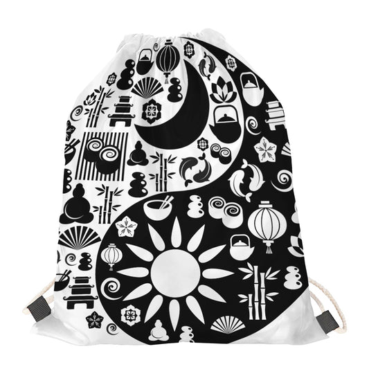 Black And White Japanese Yin Yang Print Drawstring Bag