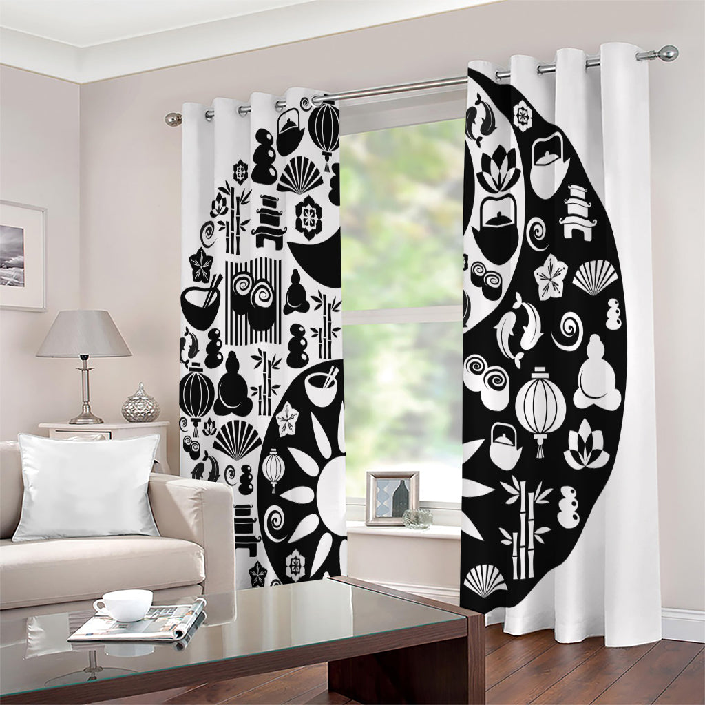 Black And White Japanese Yin Yang Print Extra Wide Grommet Curtains