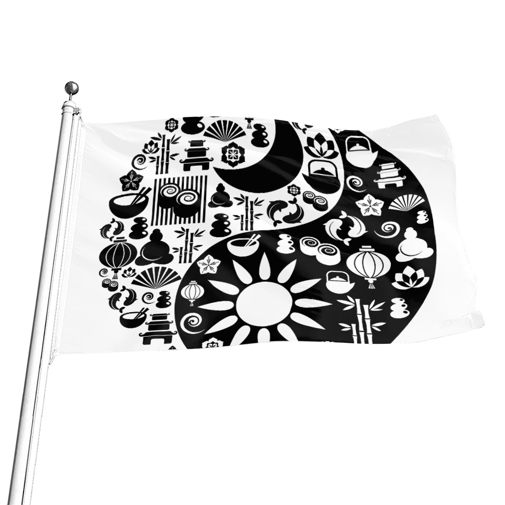 Black And White Japanese Yin Yang Print Flag