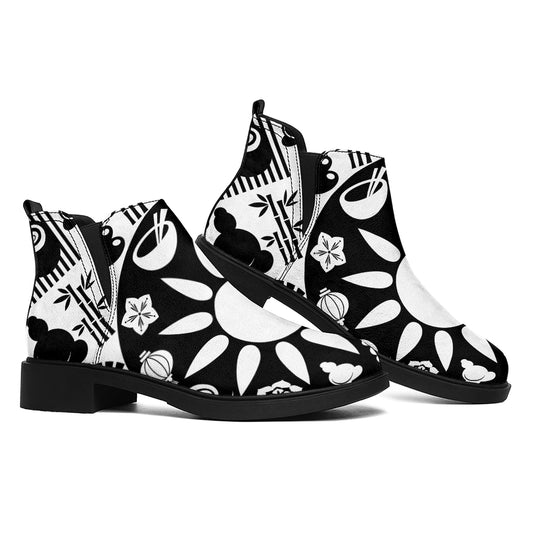 Black And White Japanese Yin Yang Print Flat Ankle Boots