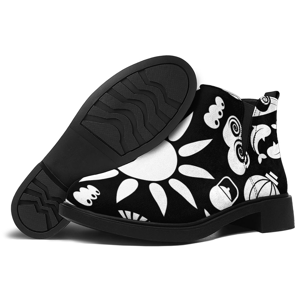 Black And White Japanese Yin Yang Print Flat Ankle Boots