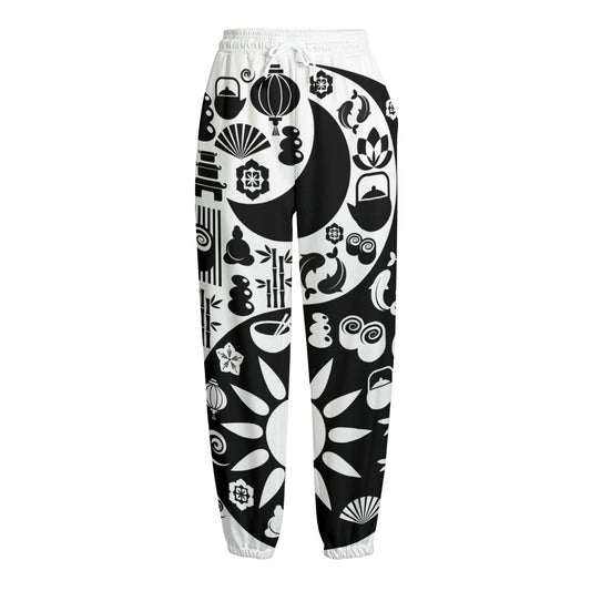 Black And White Japanese Yin Yang Print Fleece Lined Knit Pants