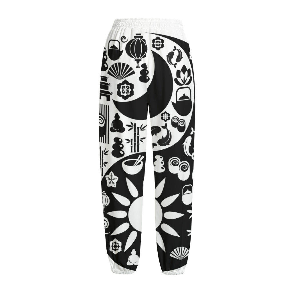Black And White Japanese Yin Yang Print Fleece Lined Knit Pants