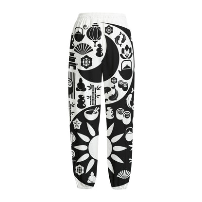 Black And White Japanese Yin Yang Print Fleece Lined Knit Pants