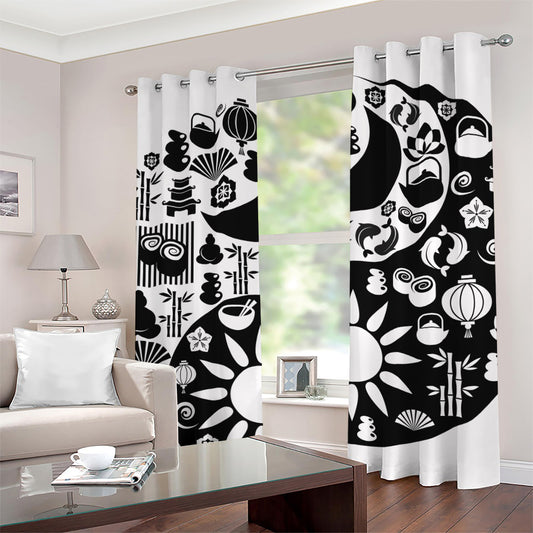 Black And White Japanese Yin Yang Print Grommet Curtains