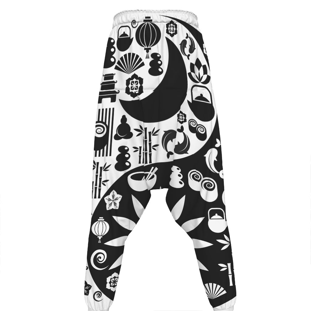 Black And White Japanese Yin Yang Print Hammer Pants