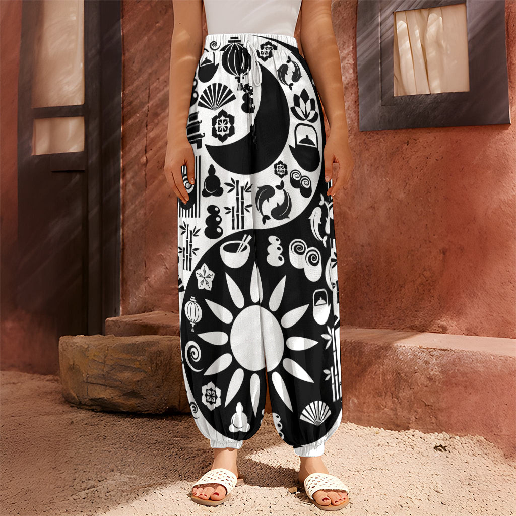 Black And White Japanese Yin Yang Print Harem Pants