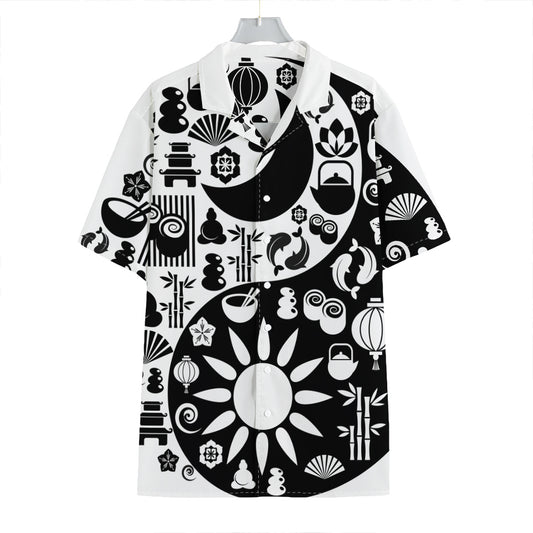Black And White Japanese Yin Yang Print Hawaiian Shirt