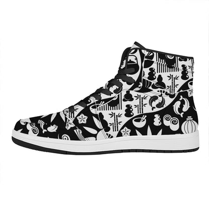 Black And White Japanese Yin Yang Print High Top Leather Sneakers