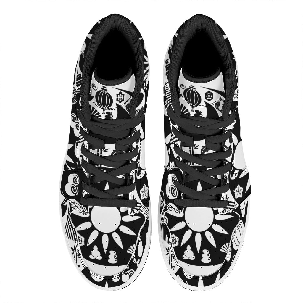 Black And White Japanese Yin Yang Print High Top Leather Sneakers