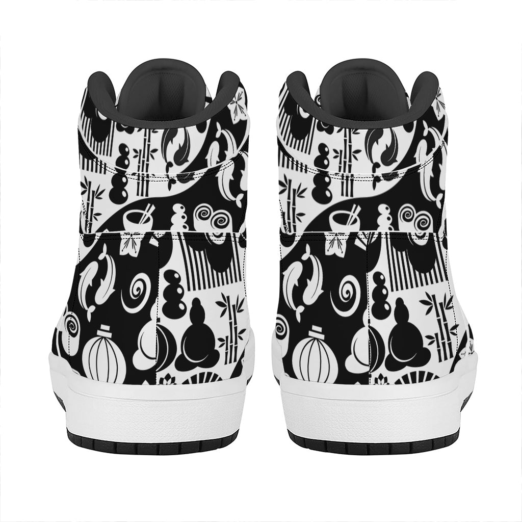Black And White Japanese Yin Yang Print High Top Leather Sneakers