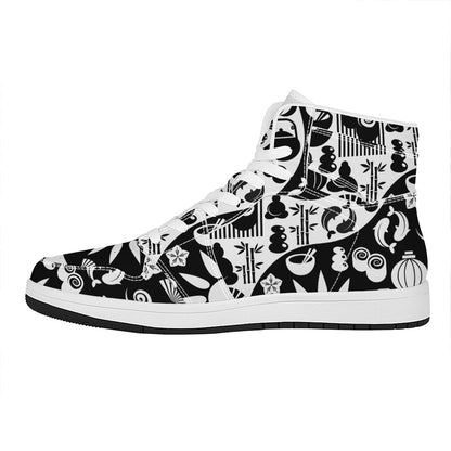 Black And White Japanese Yin Yang Print High Top Leather Sneakers