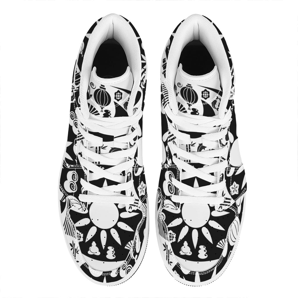 Black And White Japanese Yin Yang Print High Top Leather Sneakers