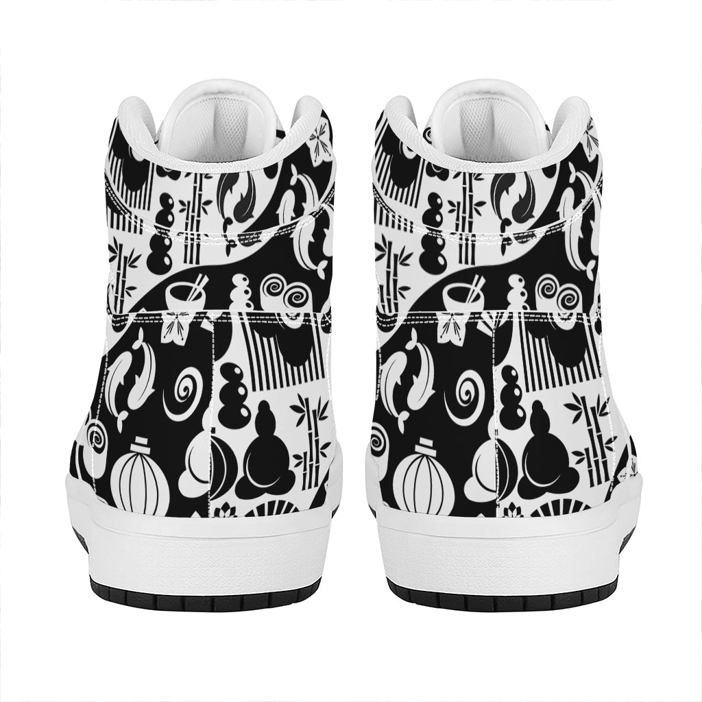 Black And White Japanese Yin Yang Print High Top Leather Sneakers