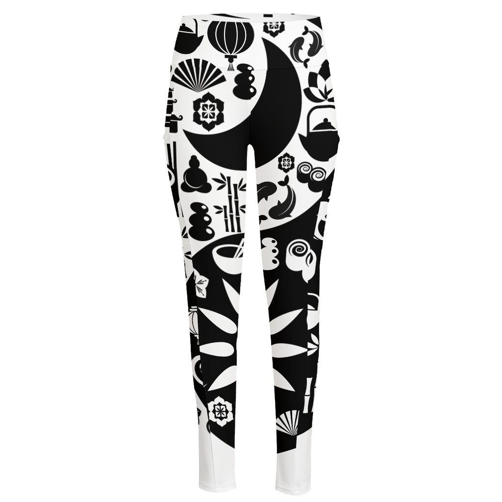 Black And White Japanese Yin Yang Print High-Waisted Pocket Leggings