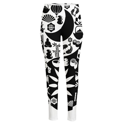 Black And White Japanese Yin Yang Print High-Waisted Pocket Leggings