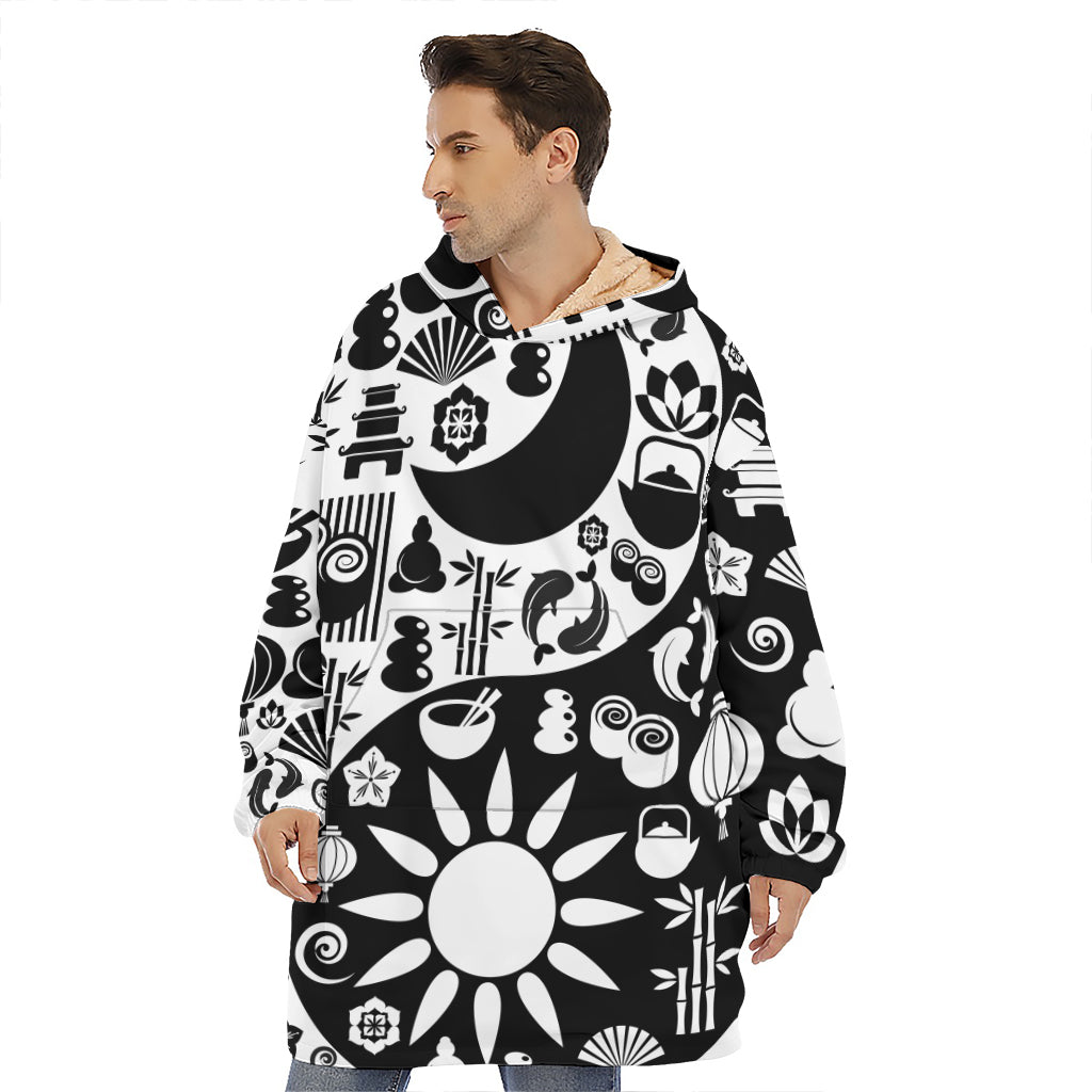 Black And White Japanese Yin Yang Print Hoodie Blanket