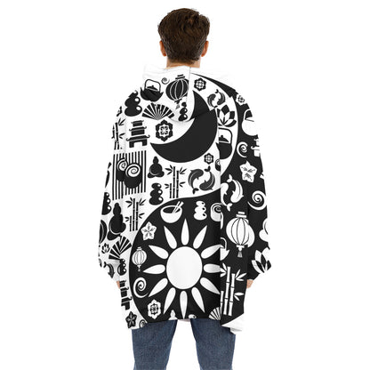 Black And White Japanese Yin Yang Print Hoodie Blanket