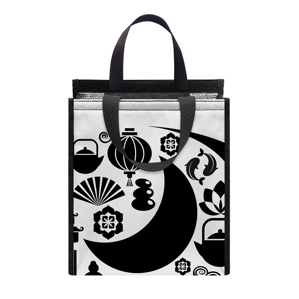 Black And White Japanese Yin Yang Print Insulated Lunch Tote