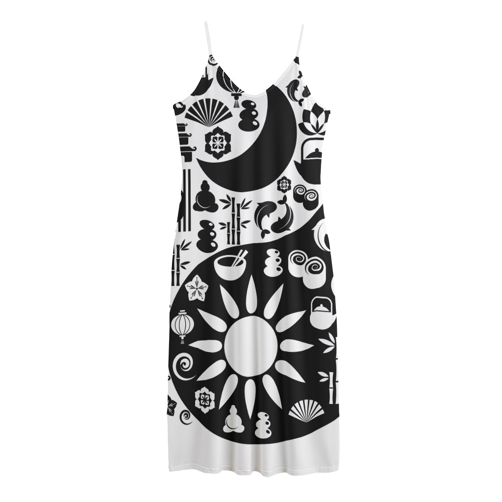 Black And White Japanese Yin Yang Print Jersey Midi Cami Dress