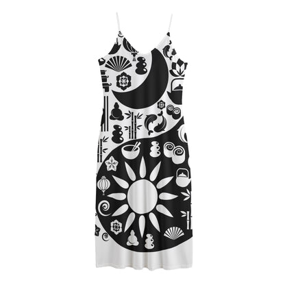 Black And White Japanese Yin Yang Print Jersey Midi Cami Dress