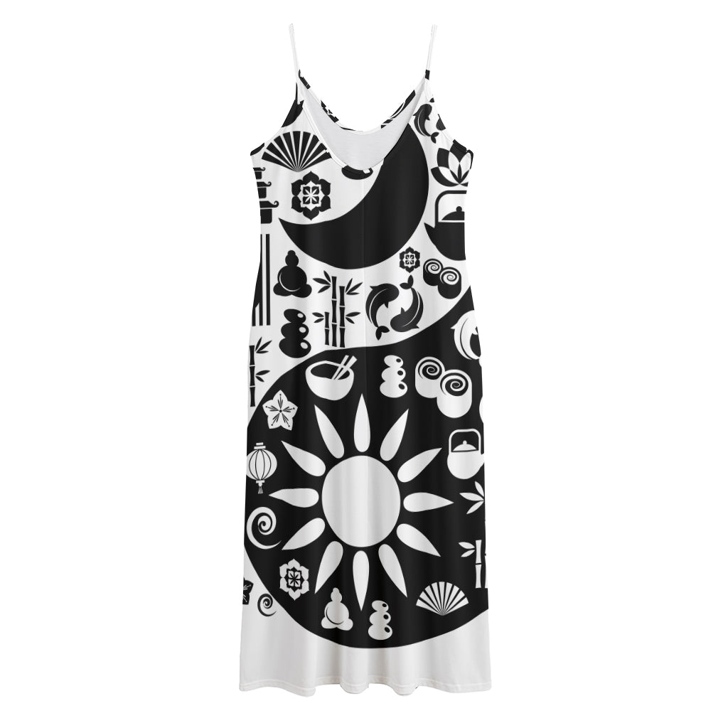 Black And White Japanese Yin Yang Print Jersey Midi Cami Dress