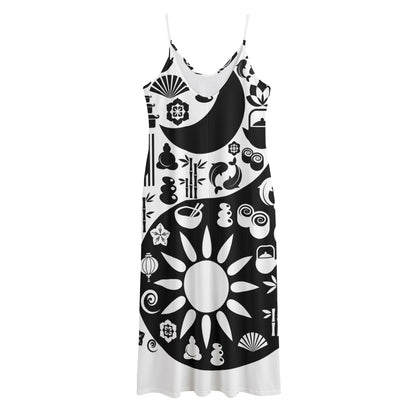 Black And White Japanese Yin Yang Print Jersey Midi Cami Dress