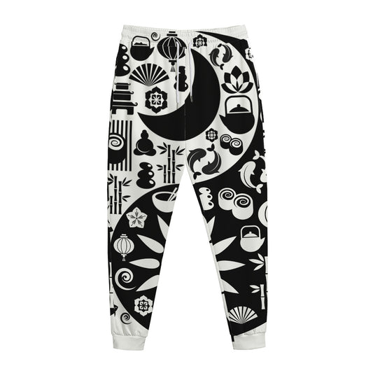 Black And White Japanese Yin Yang Print Jogger Pants