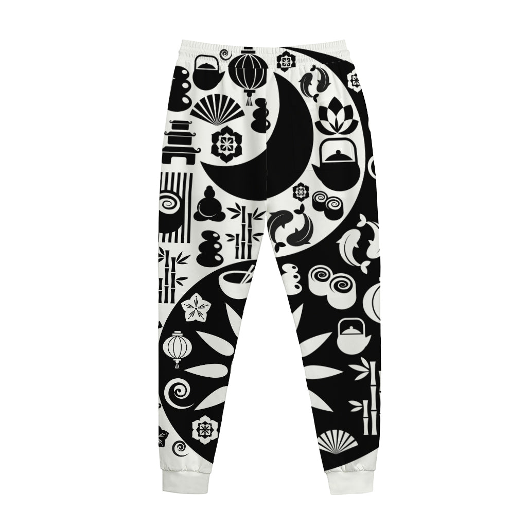 Black And White Japanese Yin Yang Print Jogger Pants