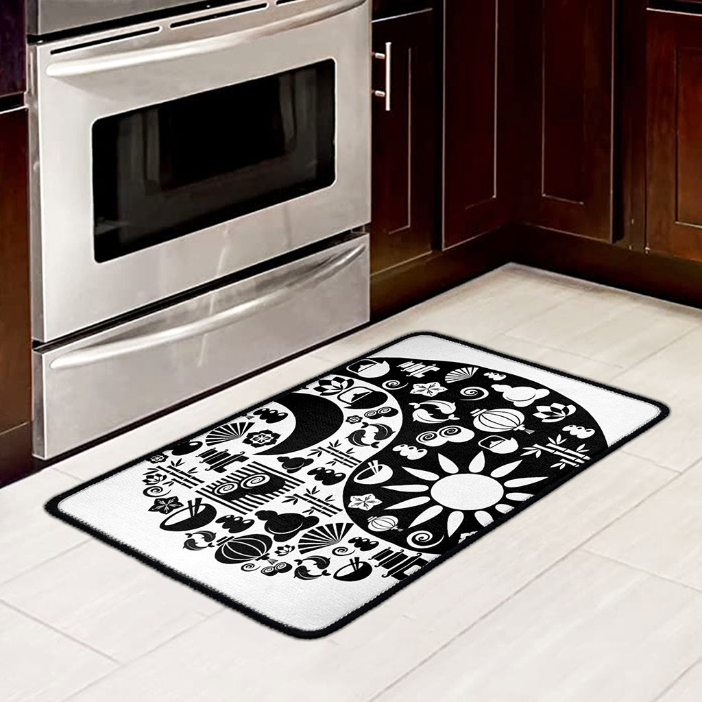 Black And White Japanese Yin Yang Print Kitchen Mat