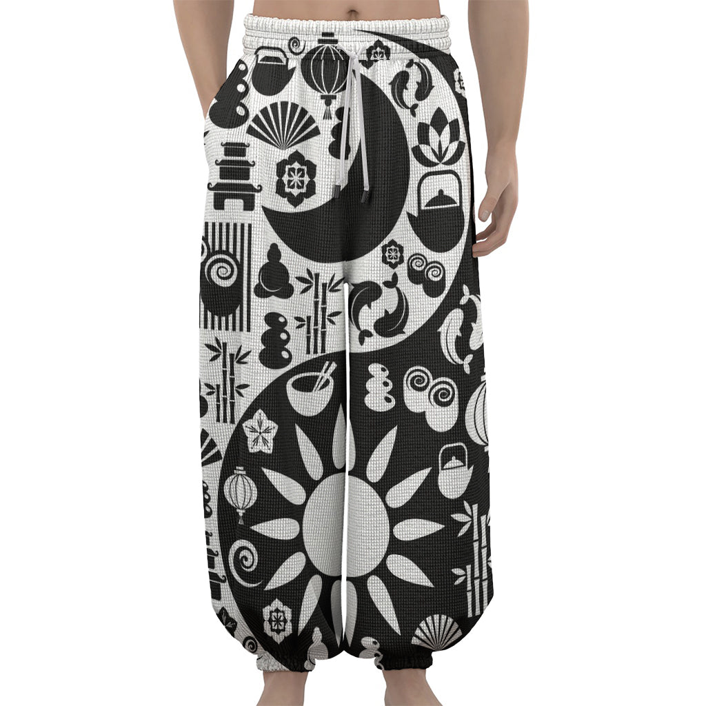 Black And White Japanese Yin Yang Print Lantern Pants