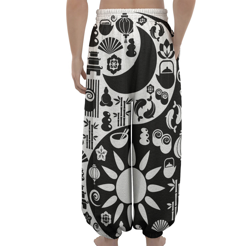 Black And White Japanese Yin Yang Print Lantern Pants