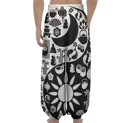 Black And White Japanese Yin Yang Print Lantern Pants