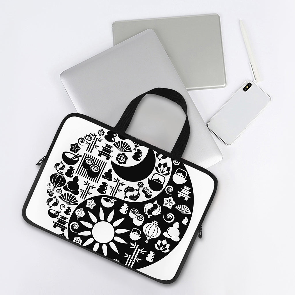 Black And White Japanese Yin Yang Print Laptop Sleeve With Handle