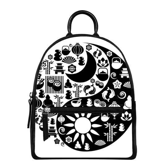 Black And White Japanese Yin Yang Print Leather Backpack